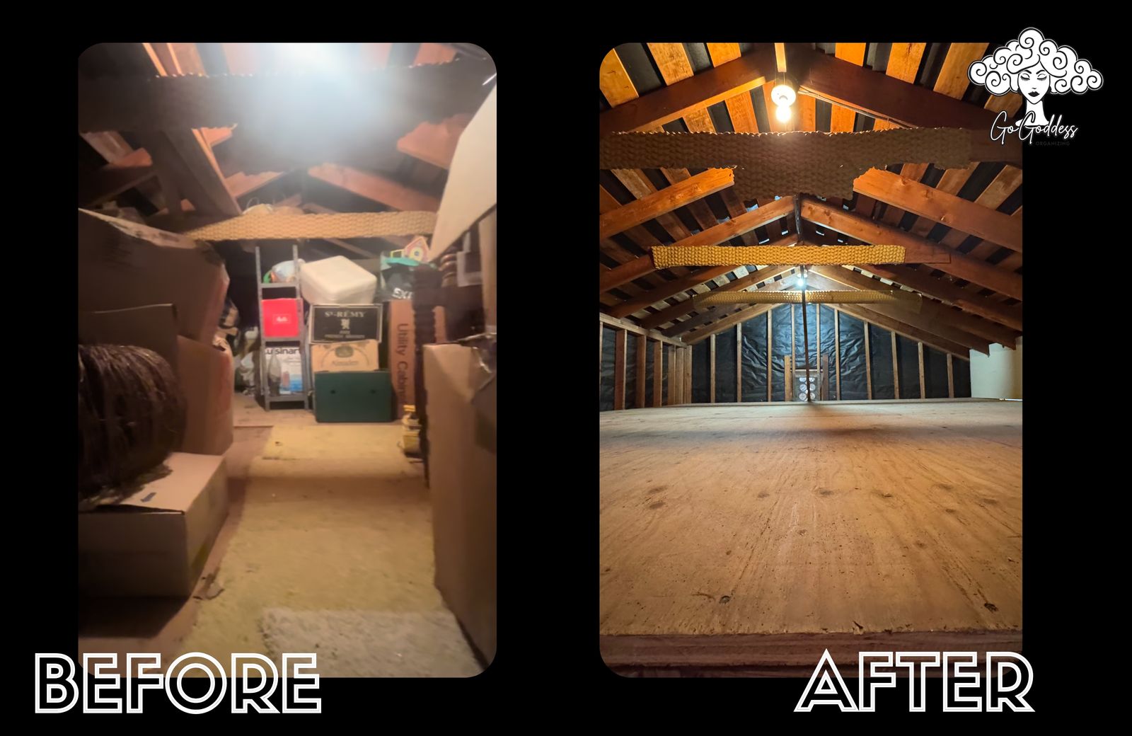Attic before and after: boxes everywhere, then a clear open floor