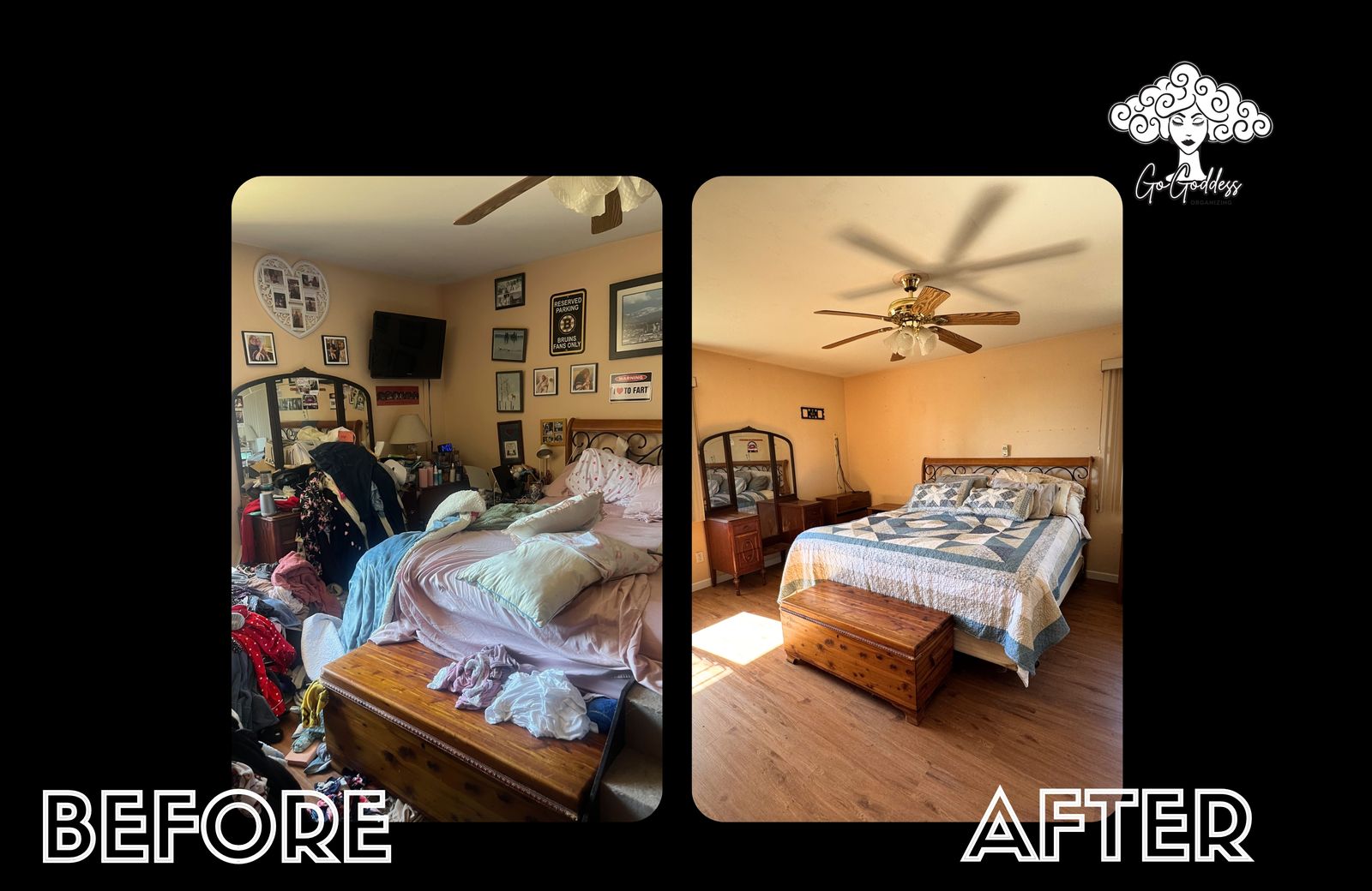 Bedroom before and after: covered in piles, then calm and tidy