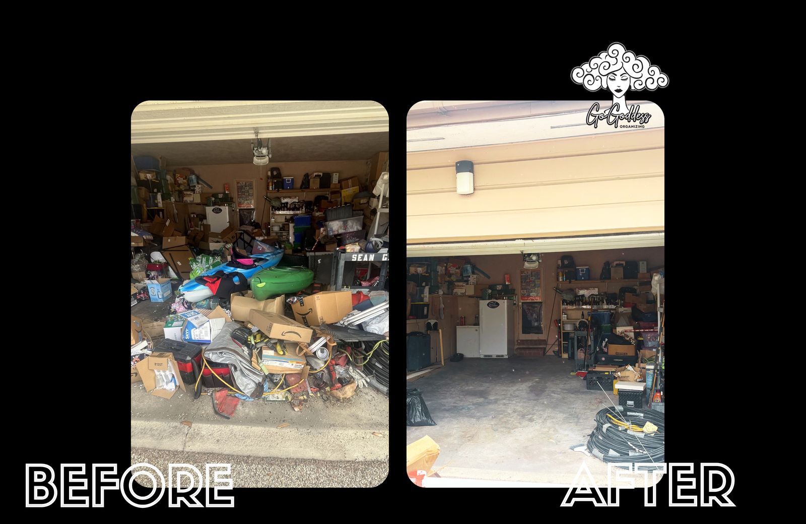 Garage before and after: piled to the door, then cleared